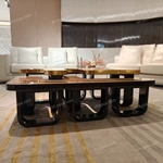 Geometric Coffee Table with High-Gloss Stainless Steel and Natural Wood Veneer Surfaces